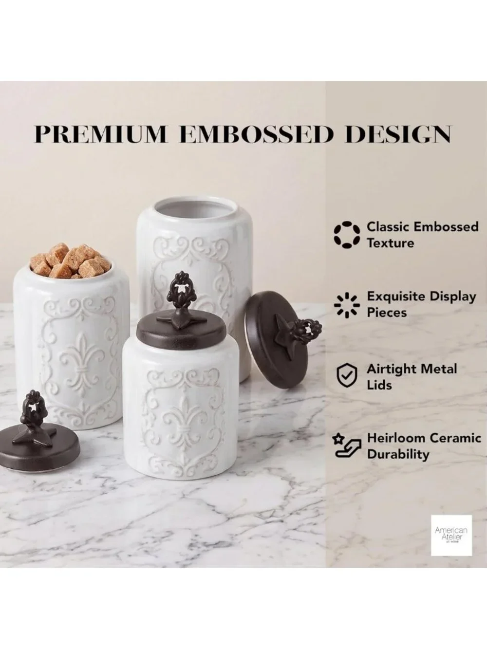 Elegant 3-Piece White Ceramic Canister Set with Airtight Stainless Steel Lids